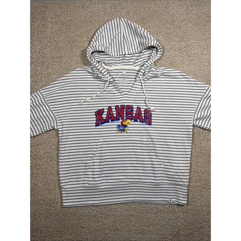 NWT Kansas Jayhawks Sweater Woman's M White Gray Stripe Hooded Fanatics L/S NCAA